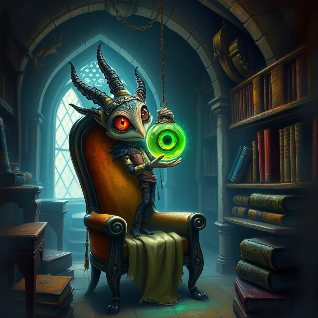 Mystical Creature Inspects Glowing Eyeball Lantern