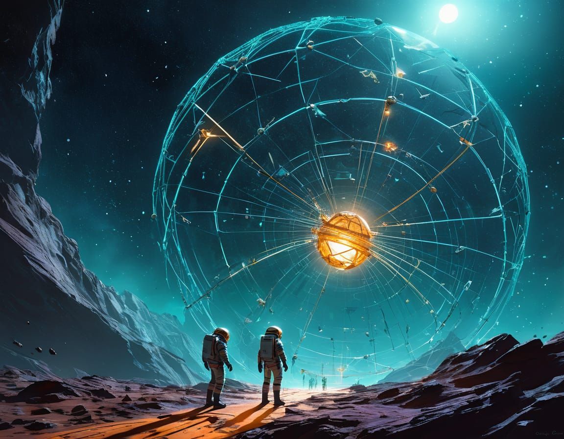 Astronauts Fall into Pulsing Cyan Geodesic Well