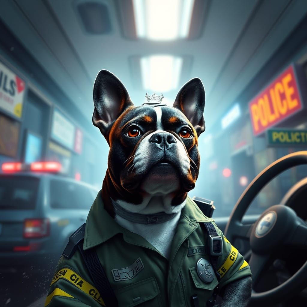 Fantastical Boston Terrier Cop in Police Headquarters