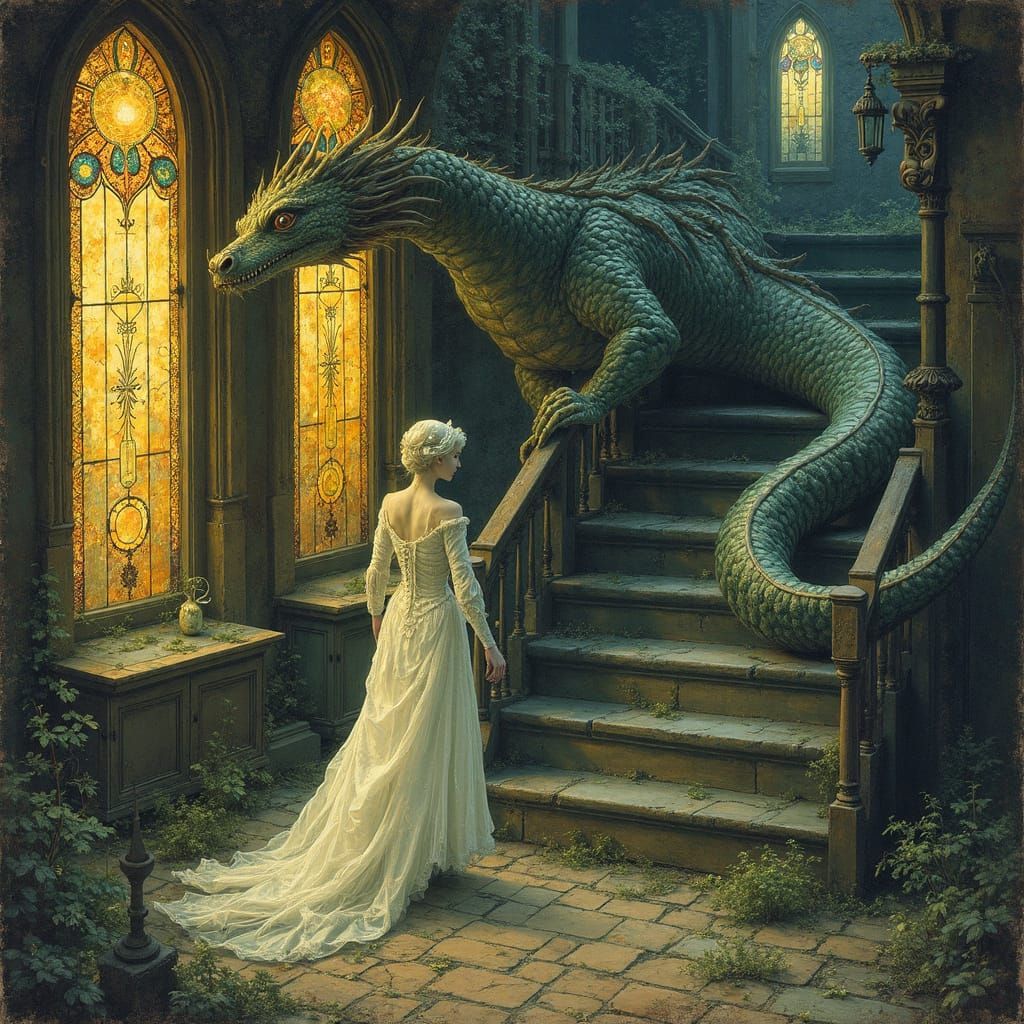 Ghostly Figure and Dragon in Haunted House, Art Nouveau