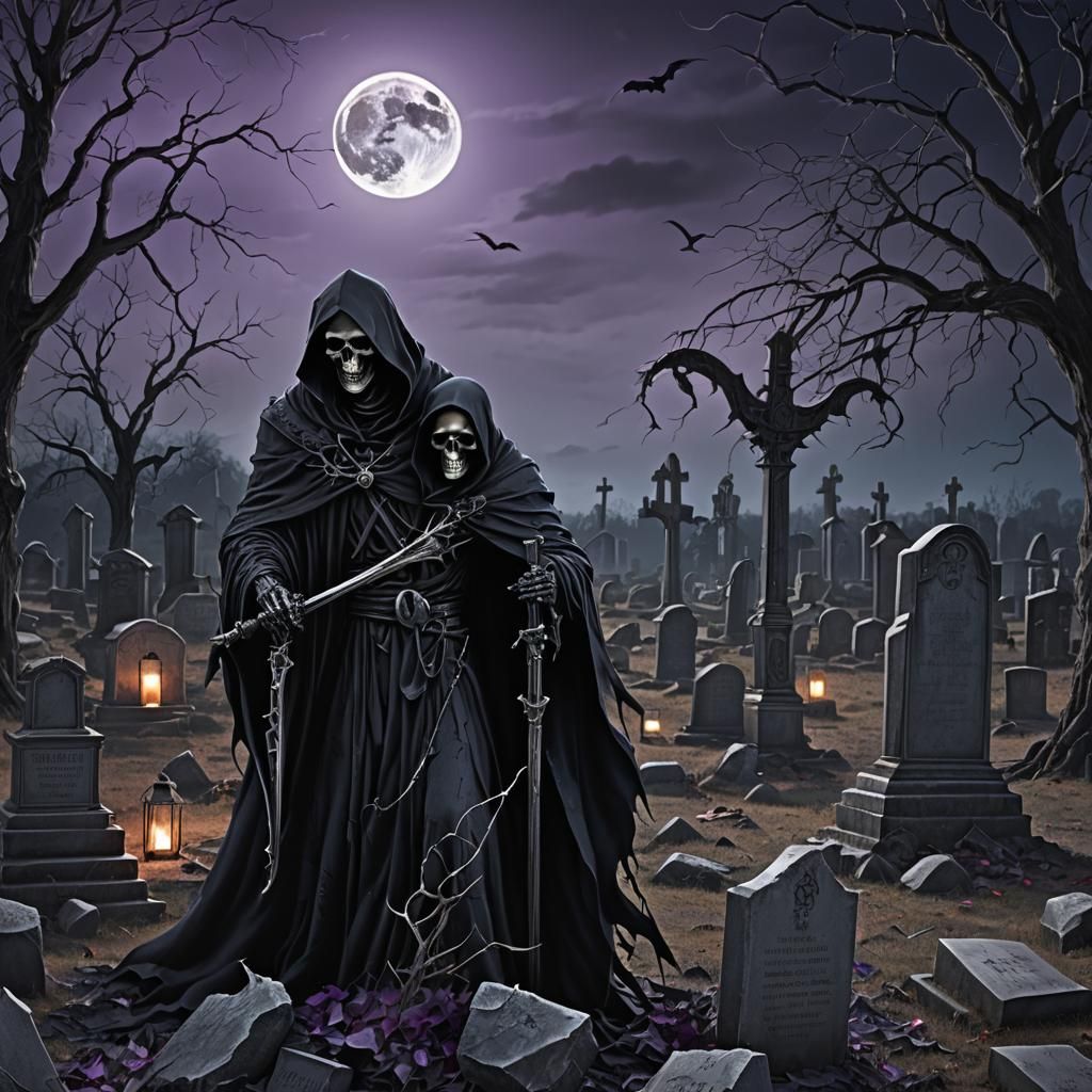 Grim Reaper in Graveyard: Gothic Surrealism Digital Art