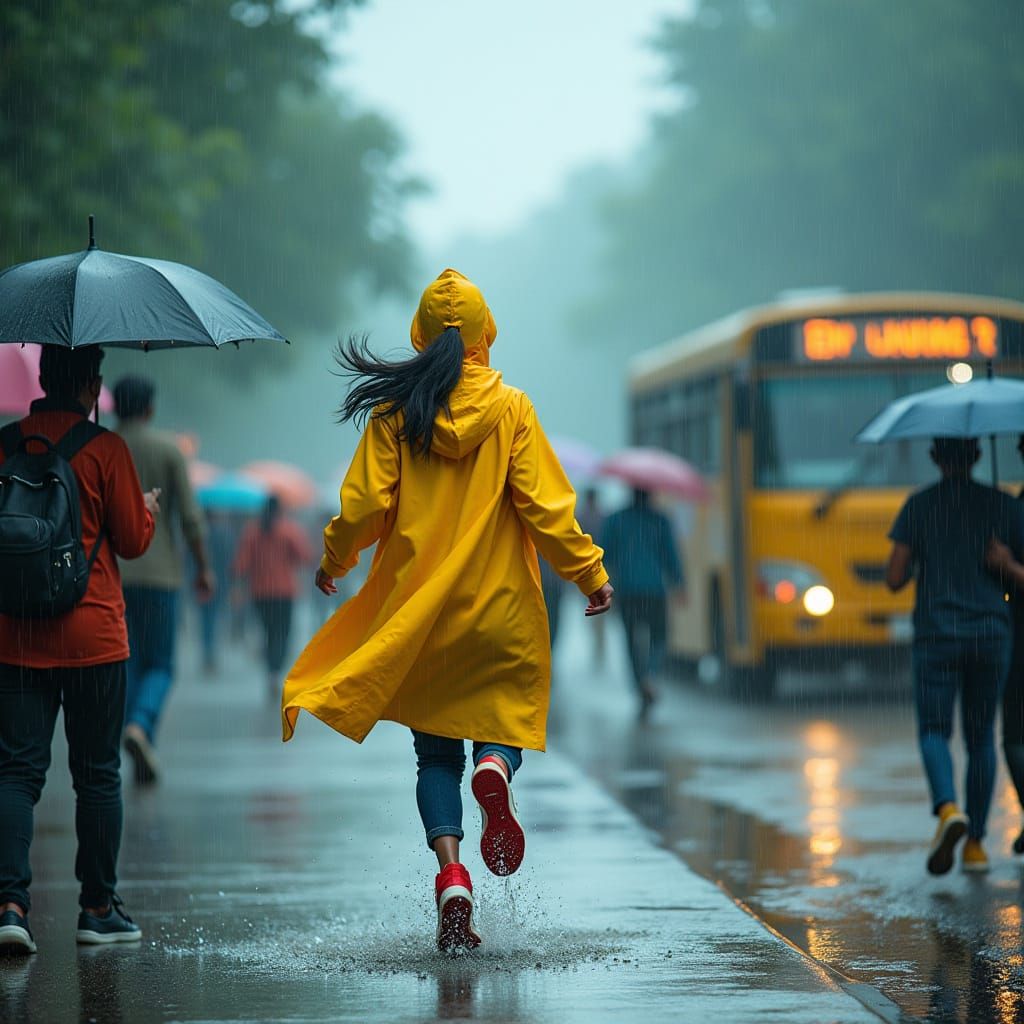 Woman Runs in Rain on Busy Mumbai Street