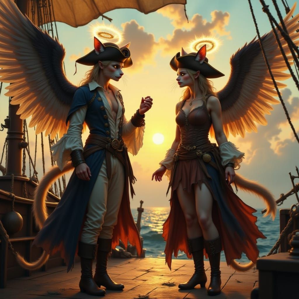 Ethereal Feline Pirate Angels at Sunset