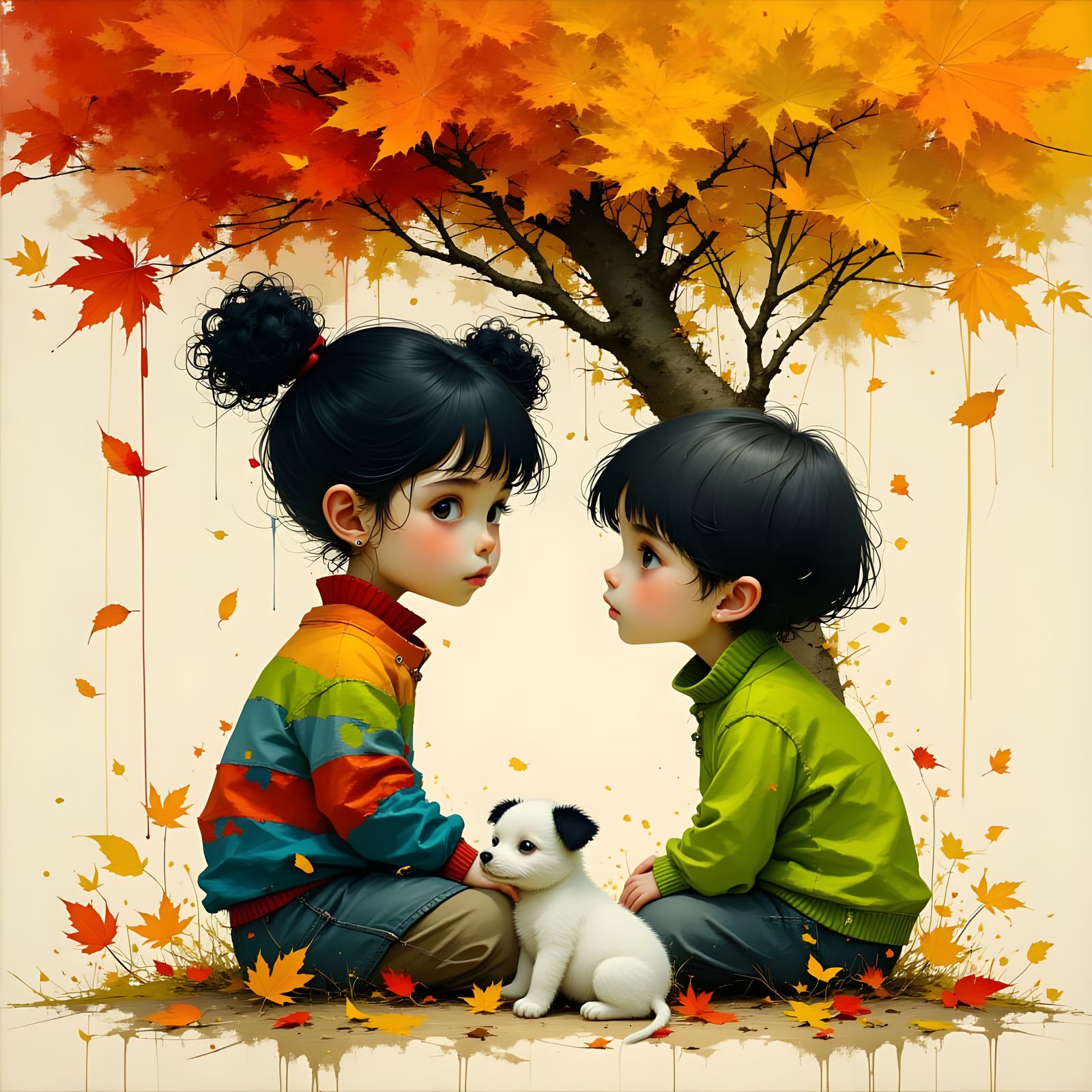 Two Children and Puppy Under Autumn Tree