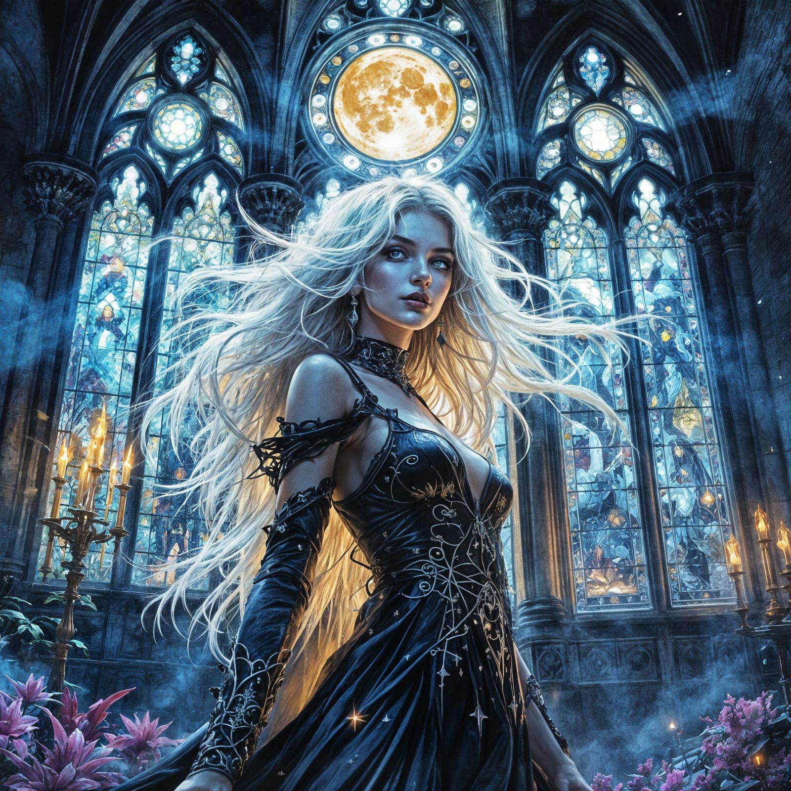 Sorceress in Gothic Cathedral: Watercolor Manga Painting