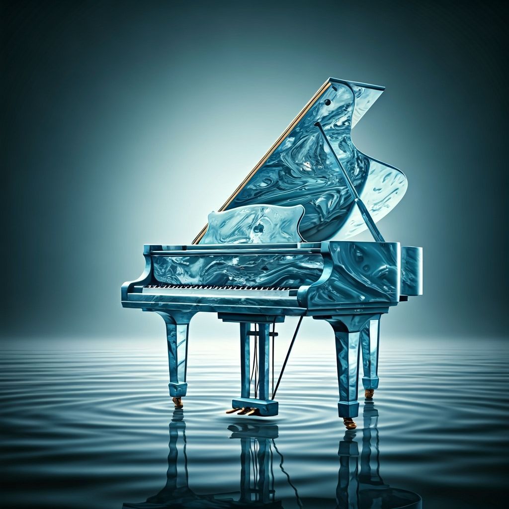 Grand Piano Made of Water in Misty Void