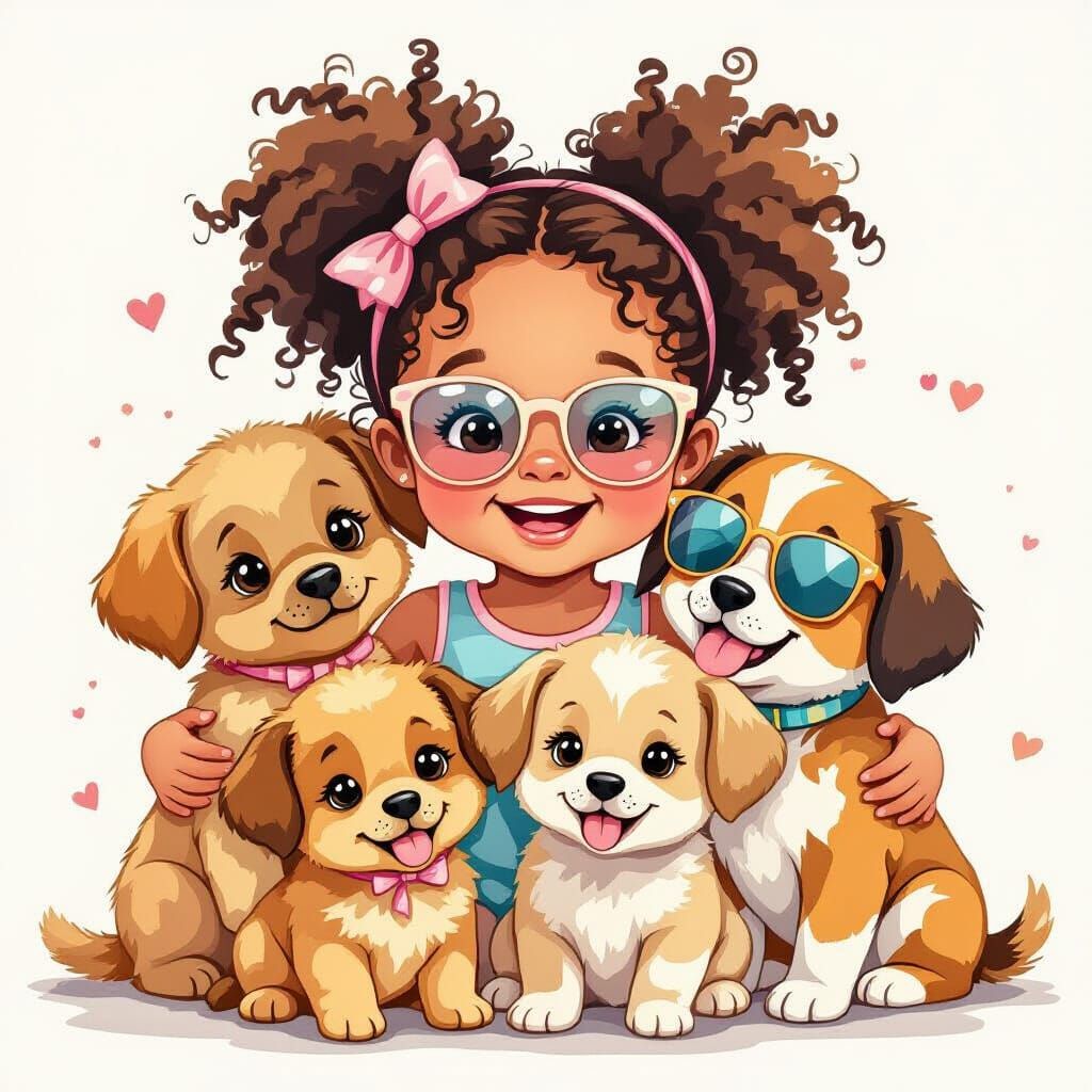 Puppies and Girl in Sunglasses: Pastel Illustration
