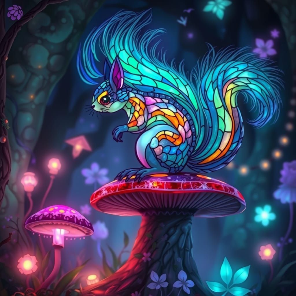 Bioluminescent Squirrel in Ethereal Forest, Fantasy Art