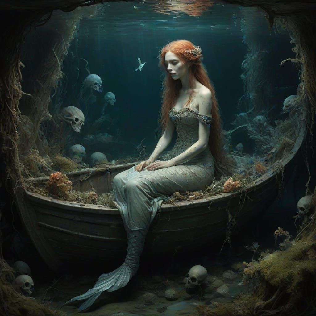 Sinister Bioluminescent Mermaid in Sunken Boat