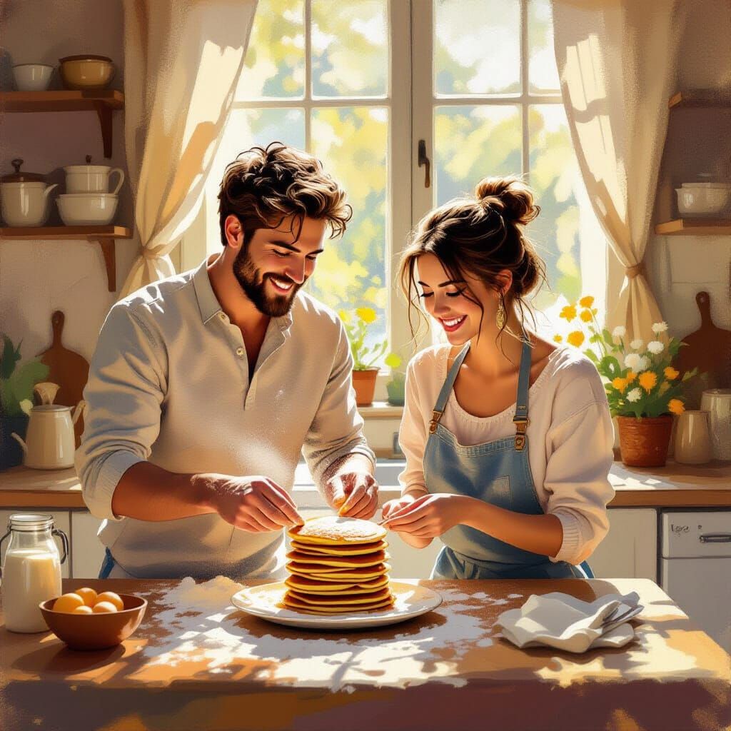 Joyful Couple Making Pancakes in Sunlit Kitchen