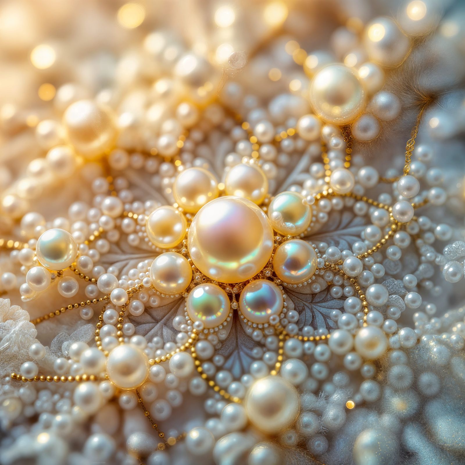 Macro Fractal Pattern with Iridescent Pearls and Gold