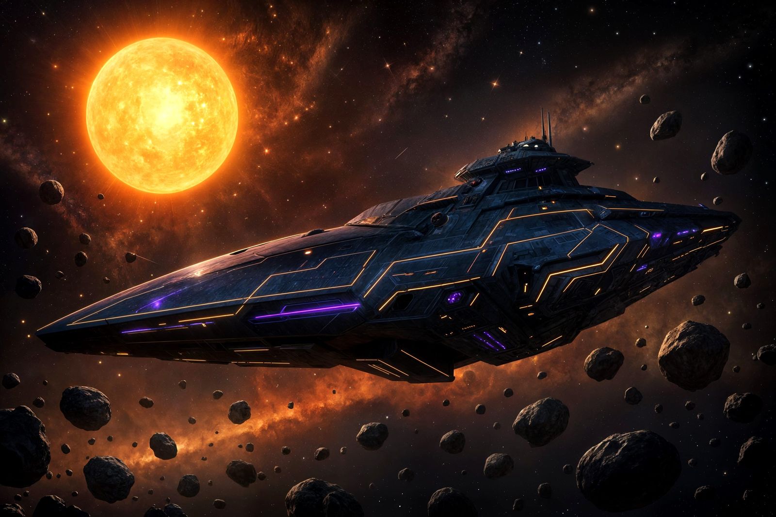 Xanthi Cruiser Drifting Through Asteroid Field