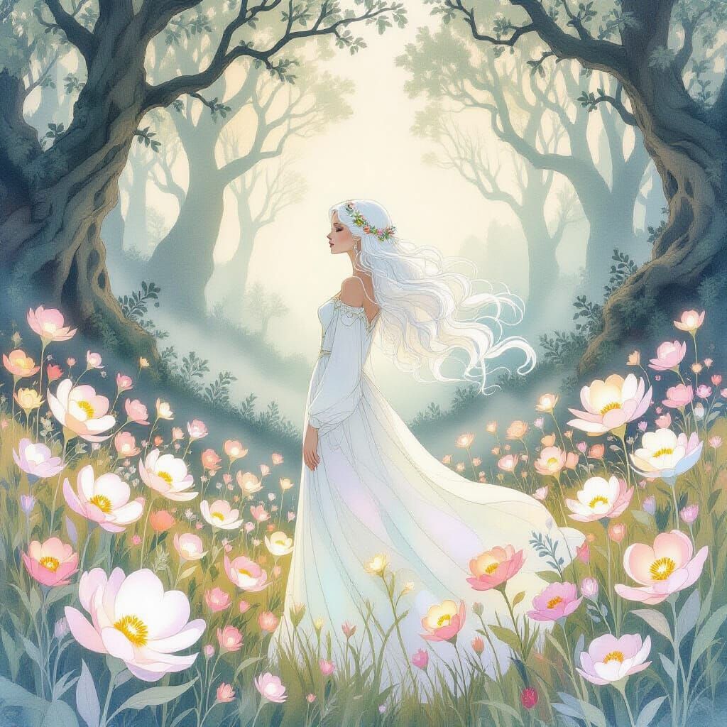 Ethereal Woman in Enchanted Forest, Watercolor