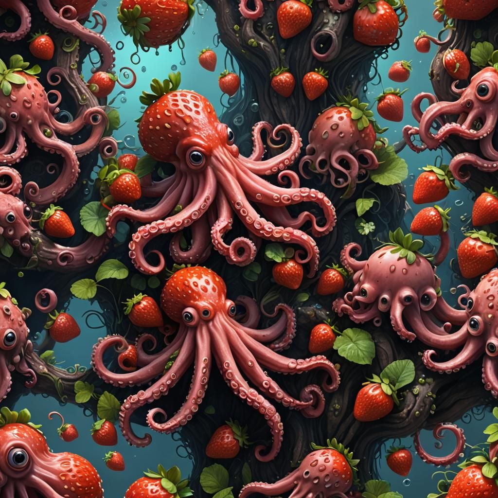 Fantastical Strawberry Octopus: Detailed Matte Painting