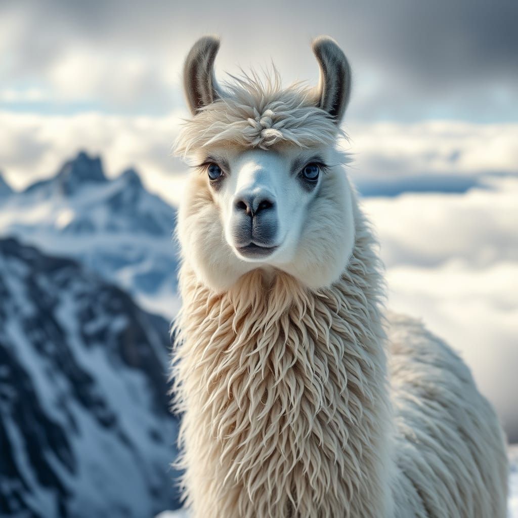 Majestic Snow Llama on Wind-Swept Peak