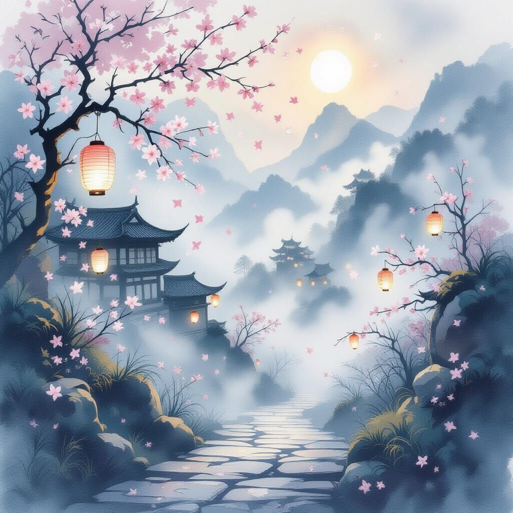 Misty Mountain Path with Floating Lanterns