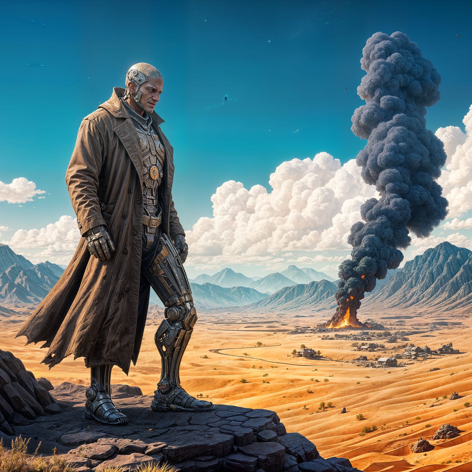 Cyborg Figure Stands on Ridge Overlooking Burning Town in Cy...