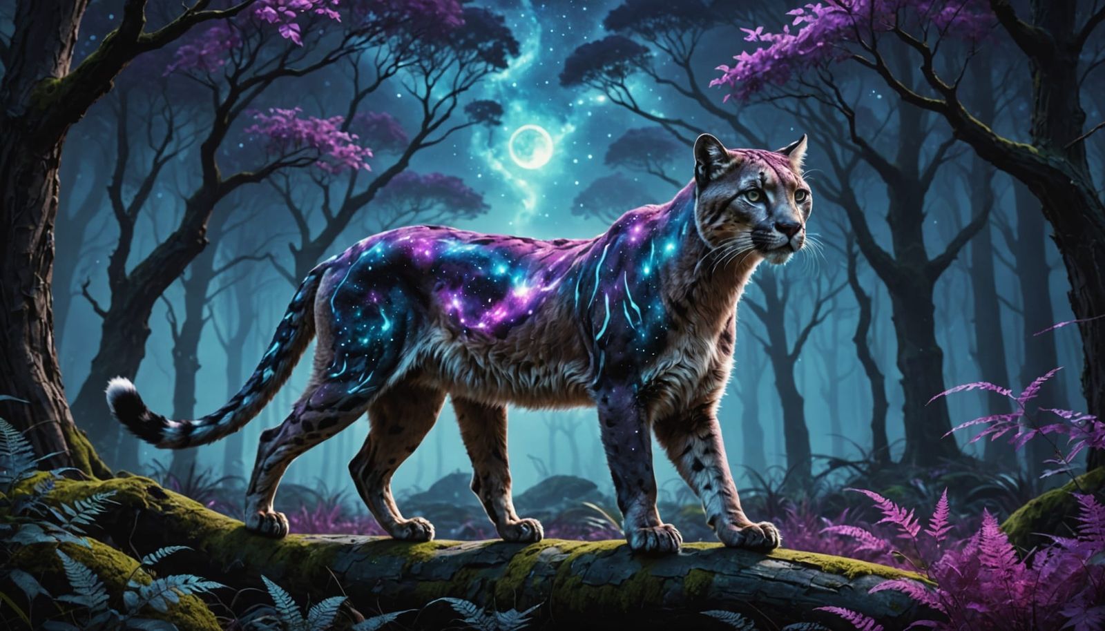 Galaxy Puma in Enchanted Forest, Dark Fantasy Art