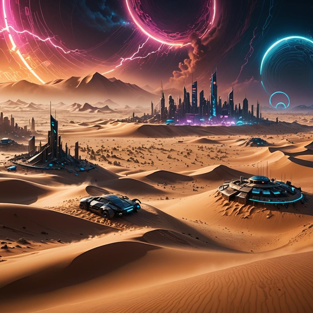 Cyberpunk Desert City Engulfed in Dust Storm