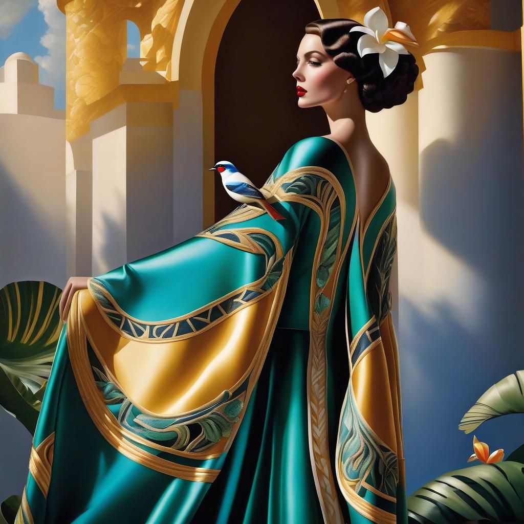 Beautiful Girl with a Little Bird in Paradise Garden