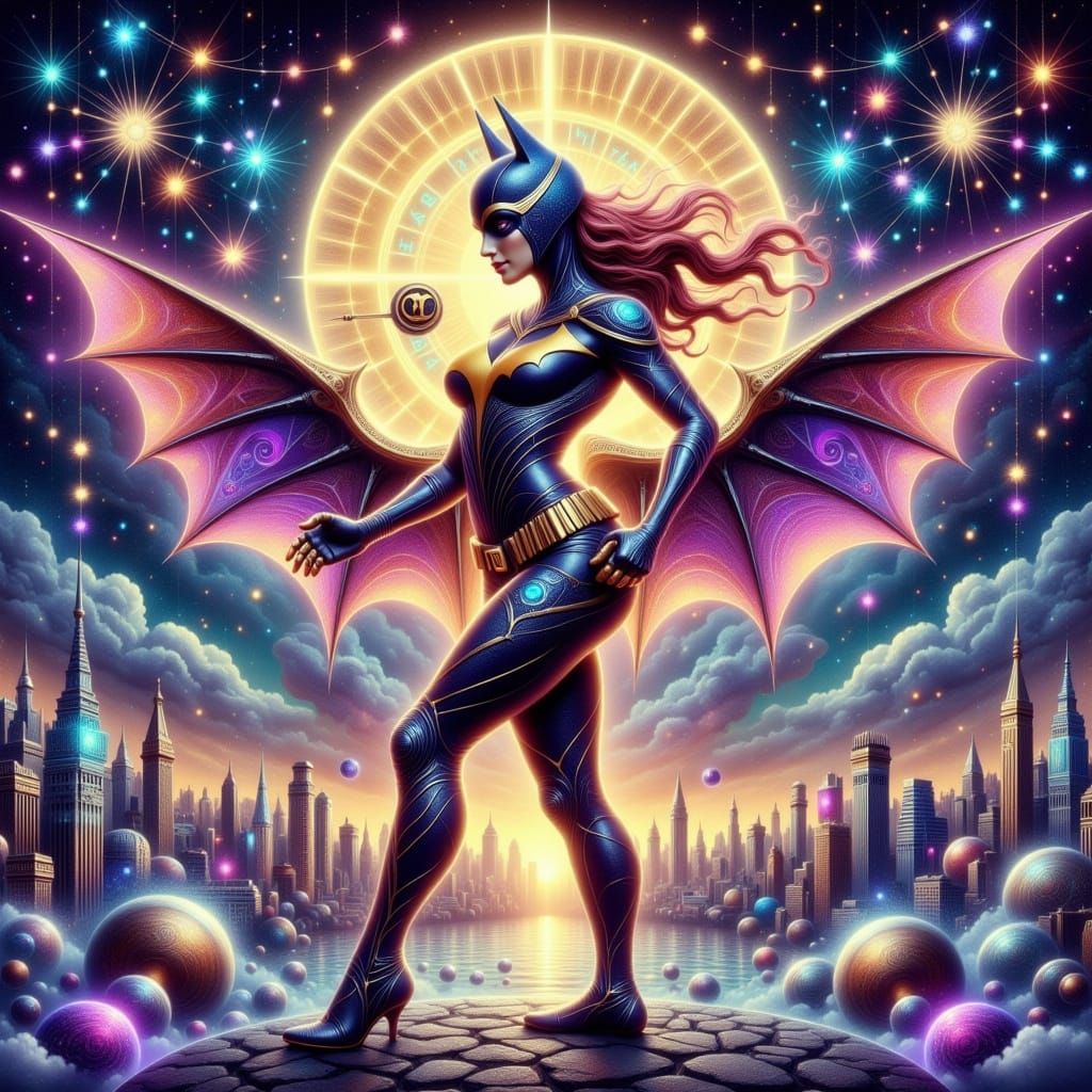 Batgirl in Zodiac Dreamscape with Impasto Glow