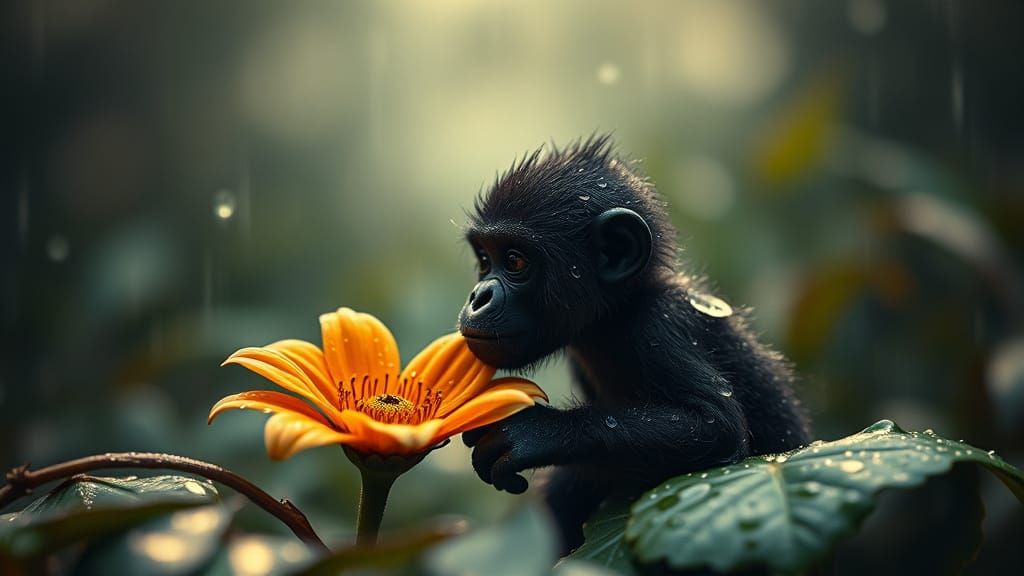 Miniature Gorilla with Flower, Hyper-Realistic Film Style