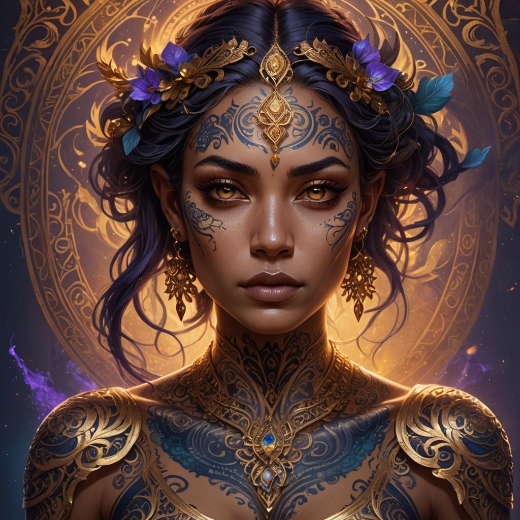 Mystical Woman Portrait with Tattoos and Gold Filigree