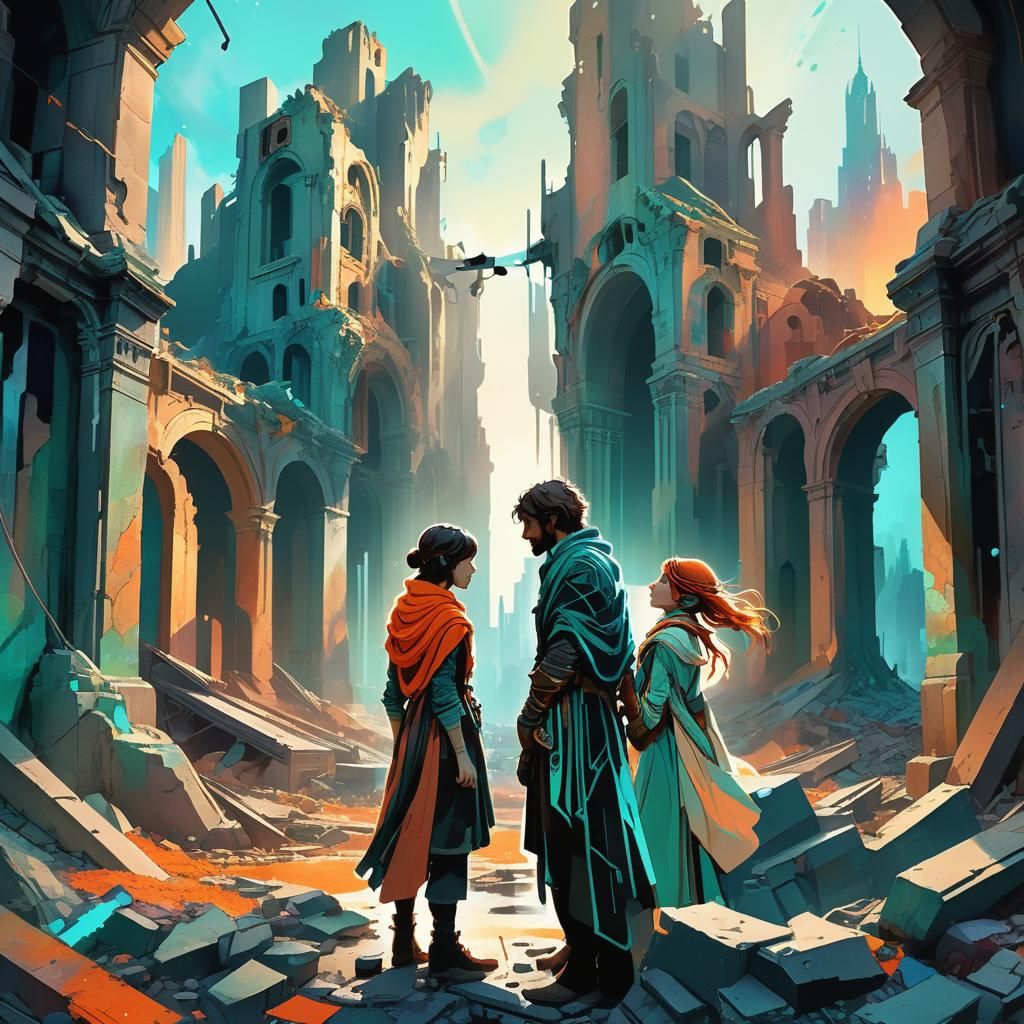 A Family standing amidst the ruins of a once-vibrant city.
