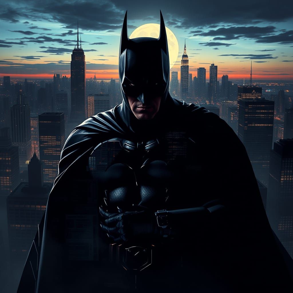 Batman Dominates Gotham Cityscape in Double Exposure Dark Kn...