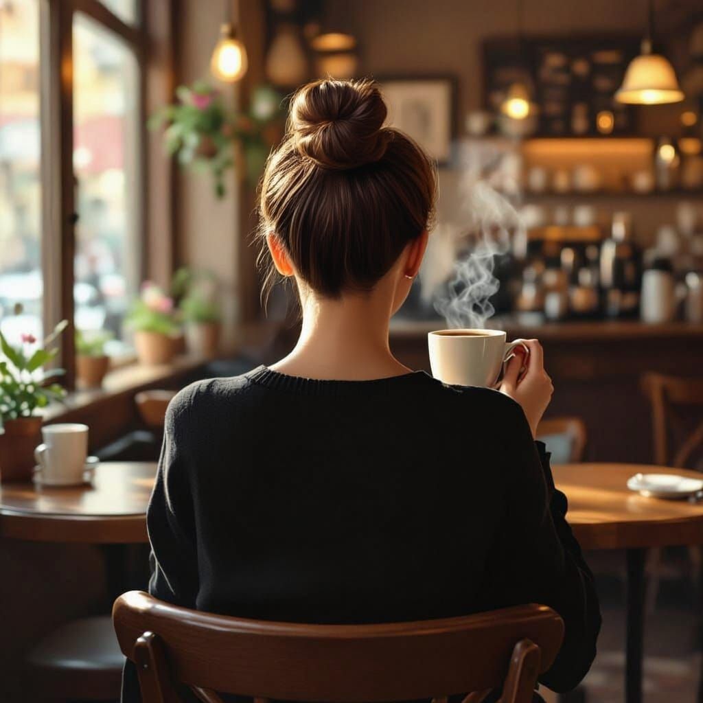 Woman Enjoys Coffee in Cozy Cafe Scene