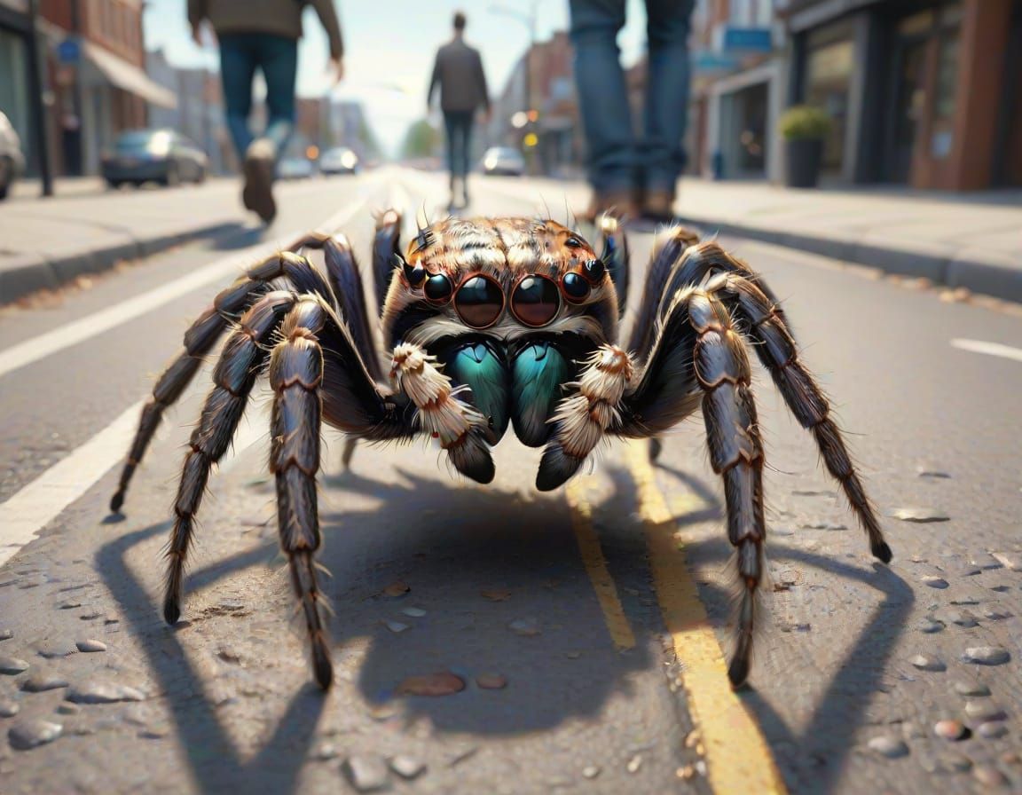 Giant Spider Looms Over Man on Empty Street