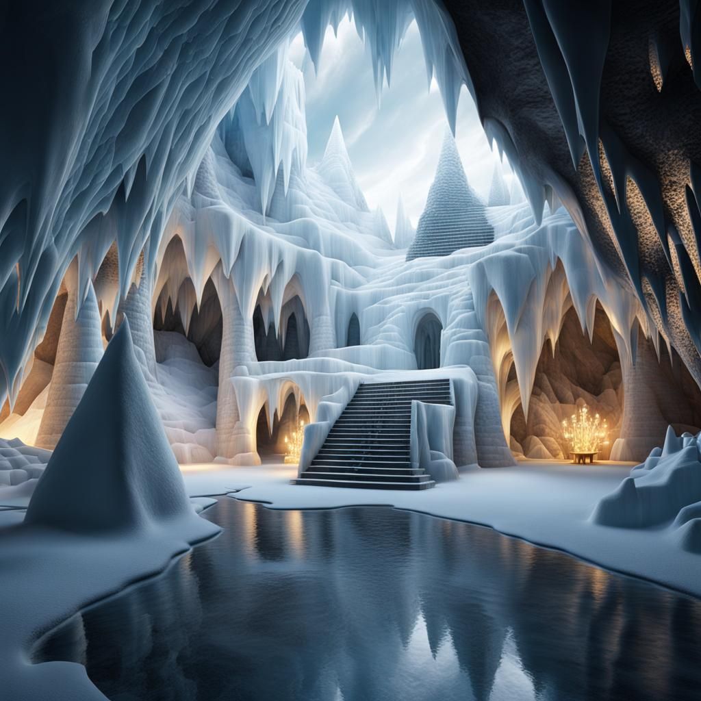 Spectacular Ice Cave Structures with Volumetric Lighting
