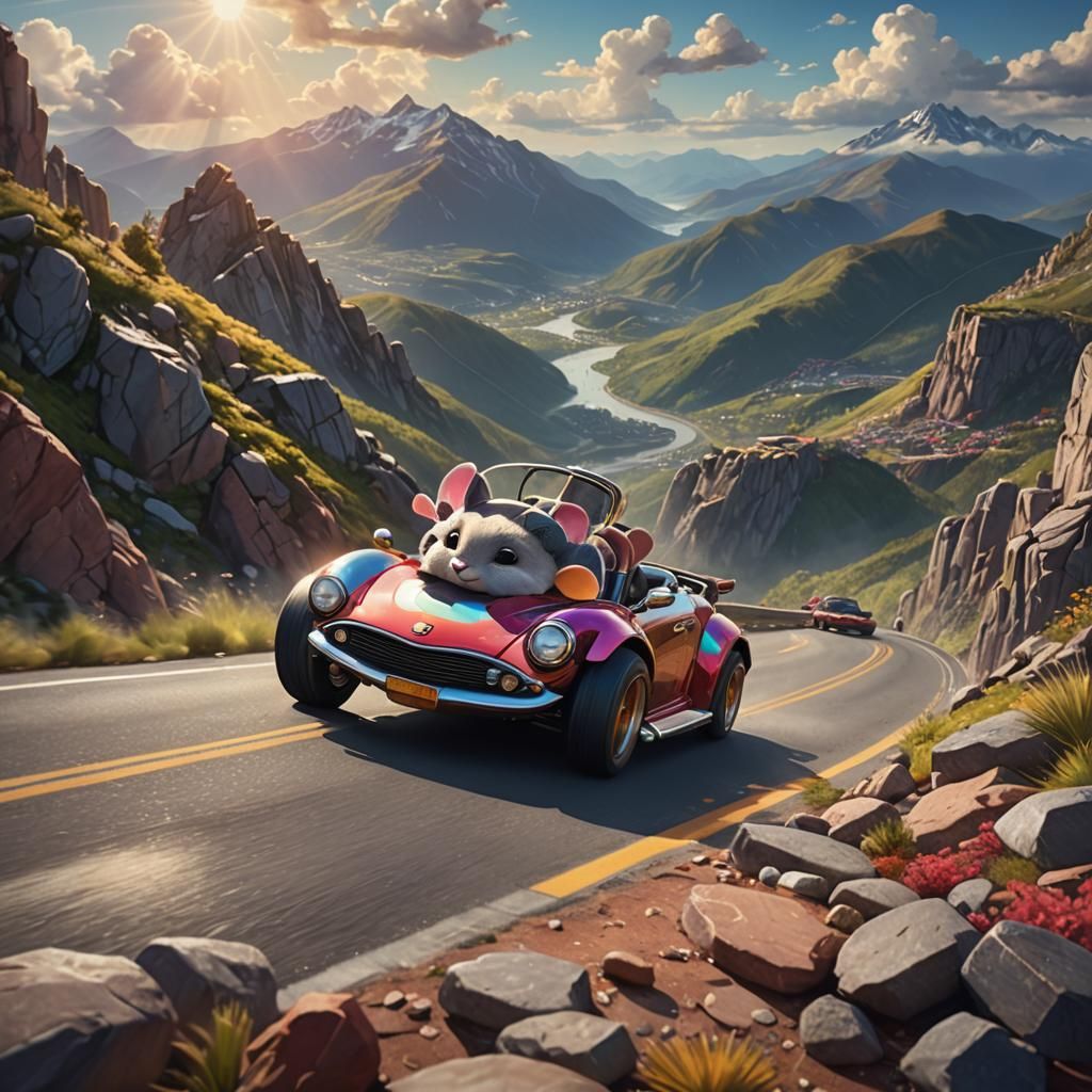 Mouse Races Caratinas in Hyperrealistic Convertible Car