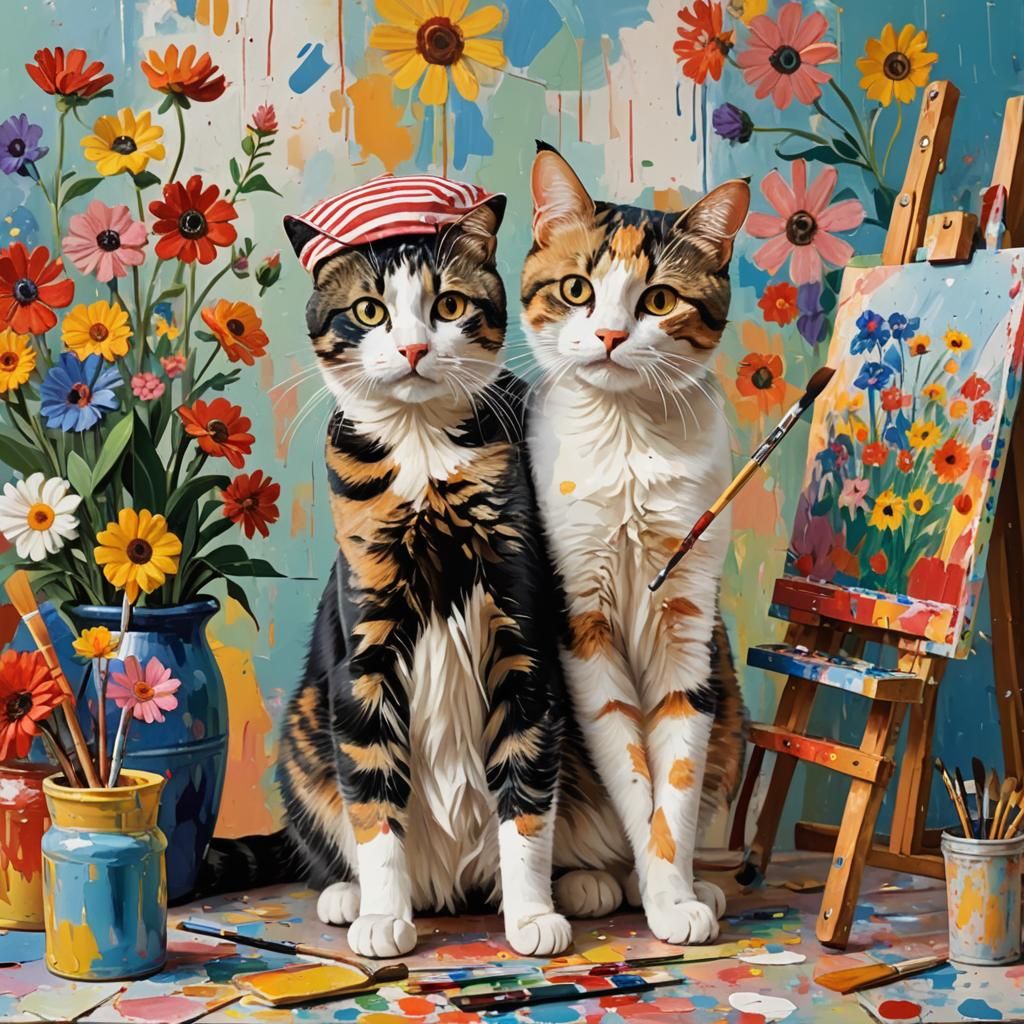 Calico Cat Painting Flowers in Naive Art Style