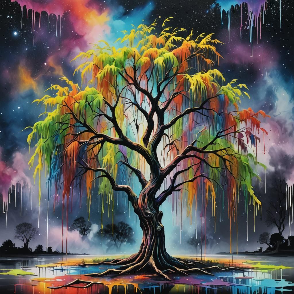 Rainbow Weeping Willow Against Night Sky in Graffiti Art