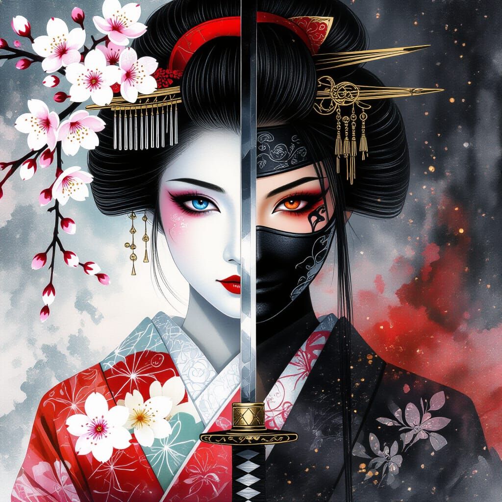 Geisha and Ninja: Split Image in Watercolor Style