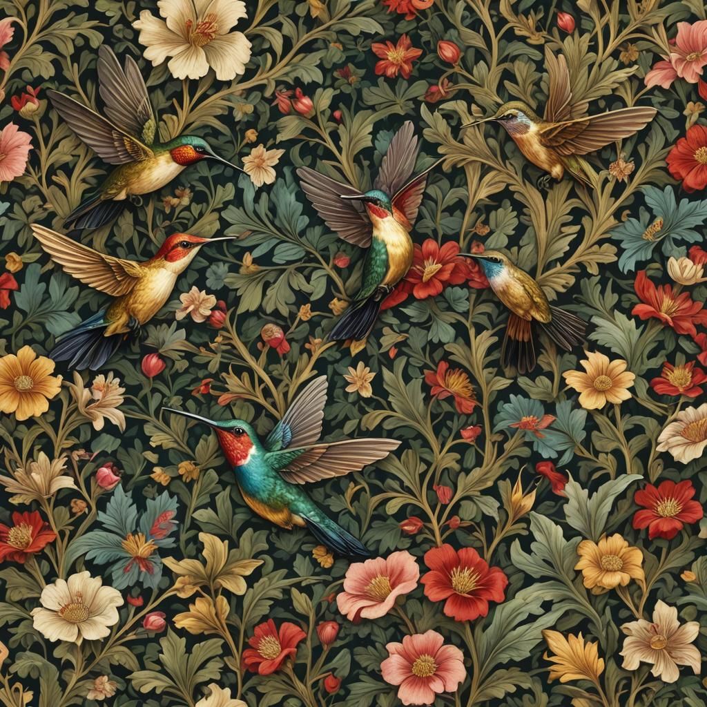 Velvet Hummingbirds on Golden Floral Background
