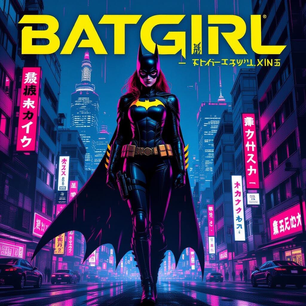 Batgirl in Neon Tokyo: Darksynth Cyberpunk Poster