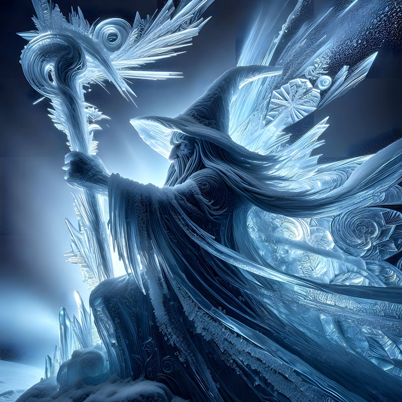 Stunning Ice Wizard Sculpture with Tactile Textures and Fros...
