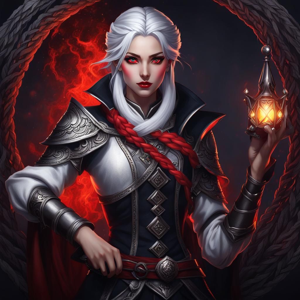 Ethereal Drow Warrior with Silver Braids and Fiery Gaze