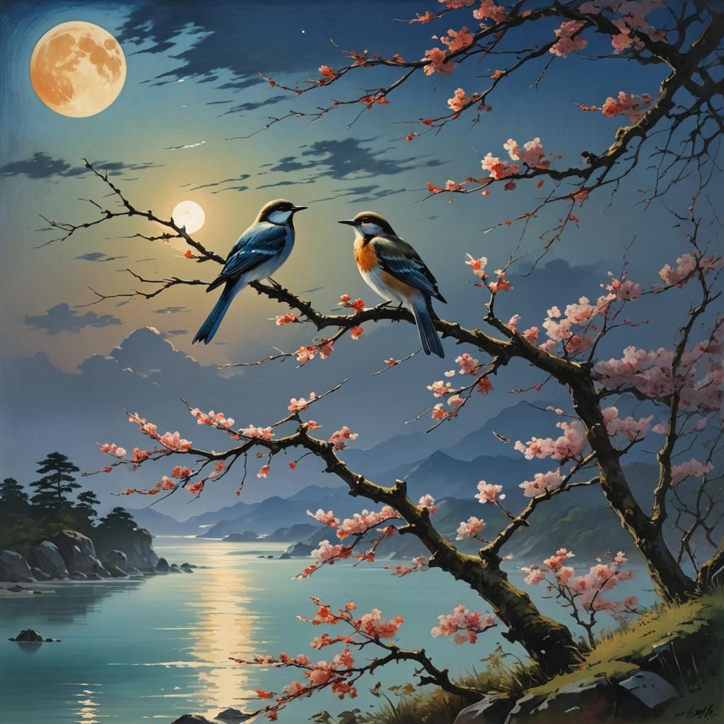 Japanese Bird Under Moon in Courbet Style