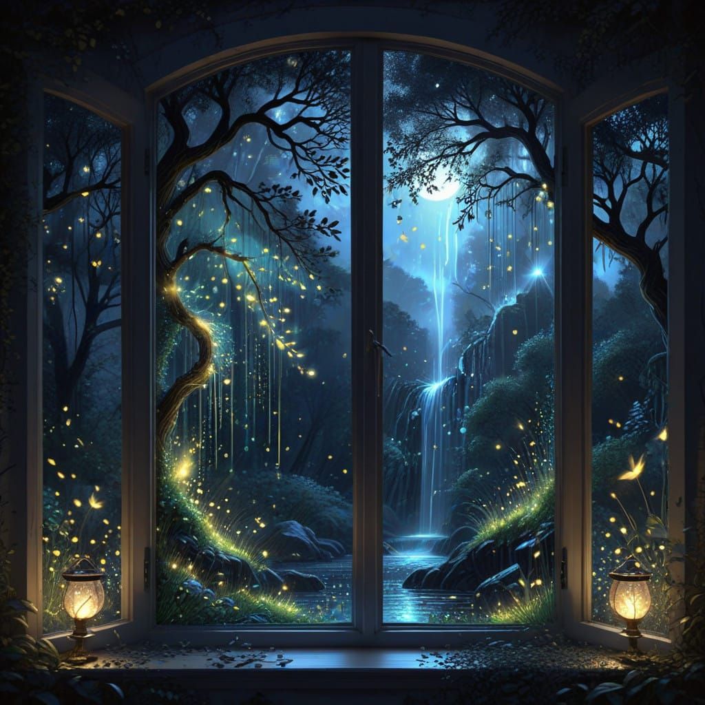 Enchanted Moonlit Waterfall Scene in Dreamy Woodland