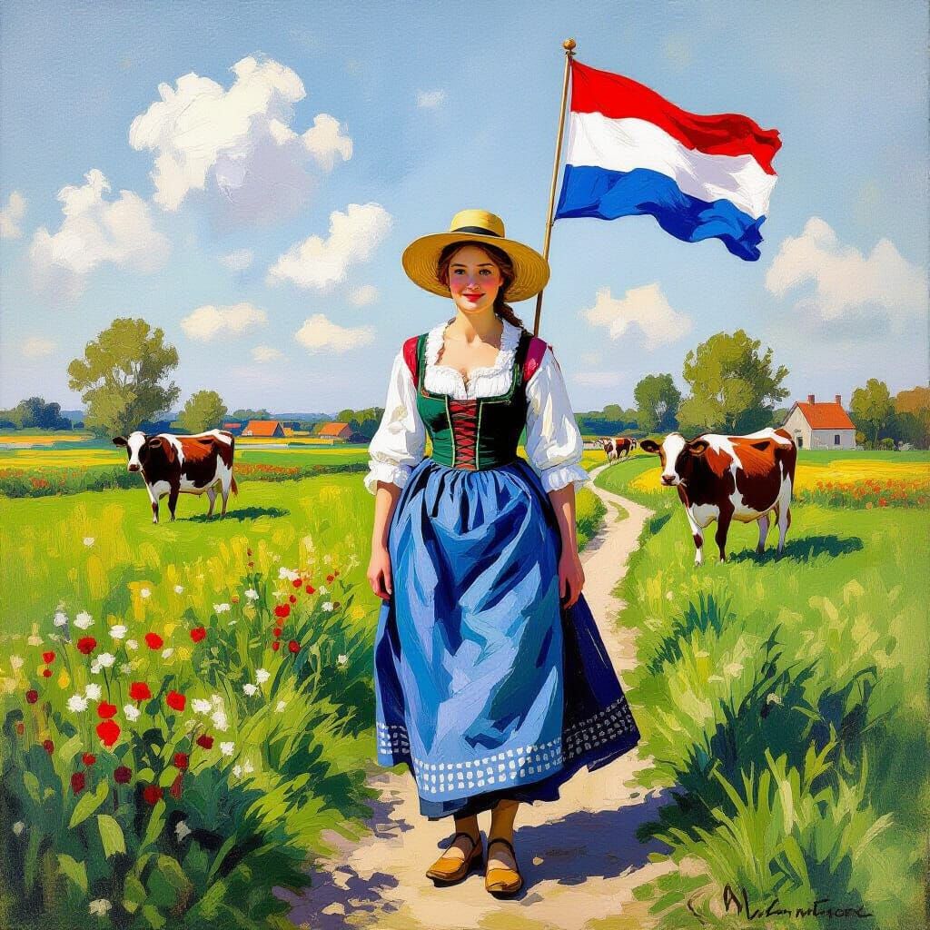 Dutch Farm Girl in Impressionist Landscape