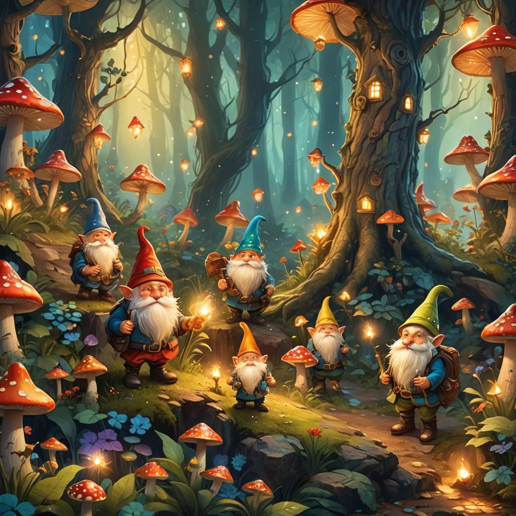Gnomes' Journey Through Enchanted Forest in Magical Realism