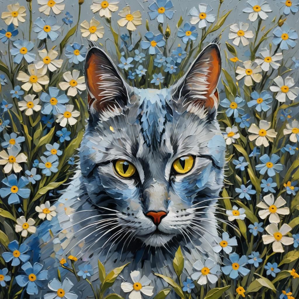 Grey-Blue Cat in Forget-Me-Nots: Neo-Expressionist Impasto P...