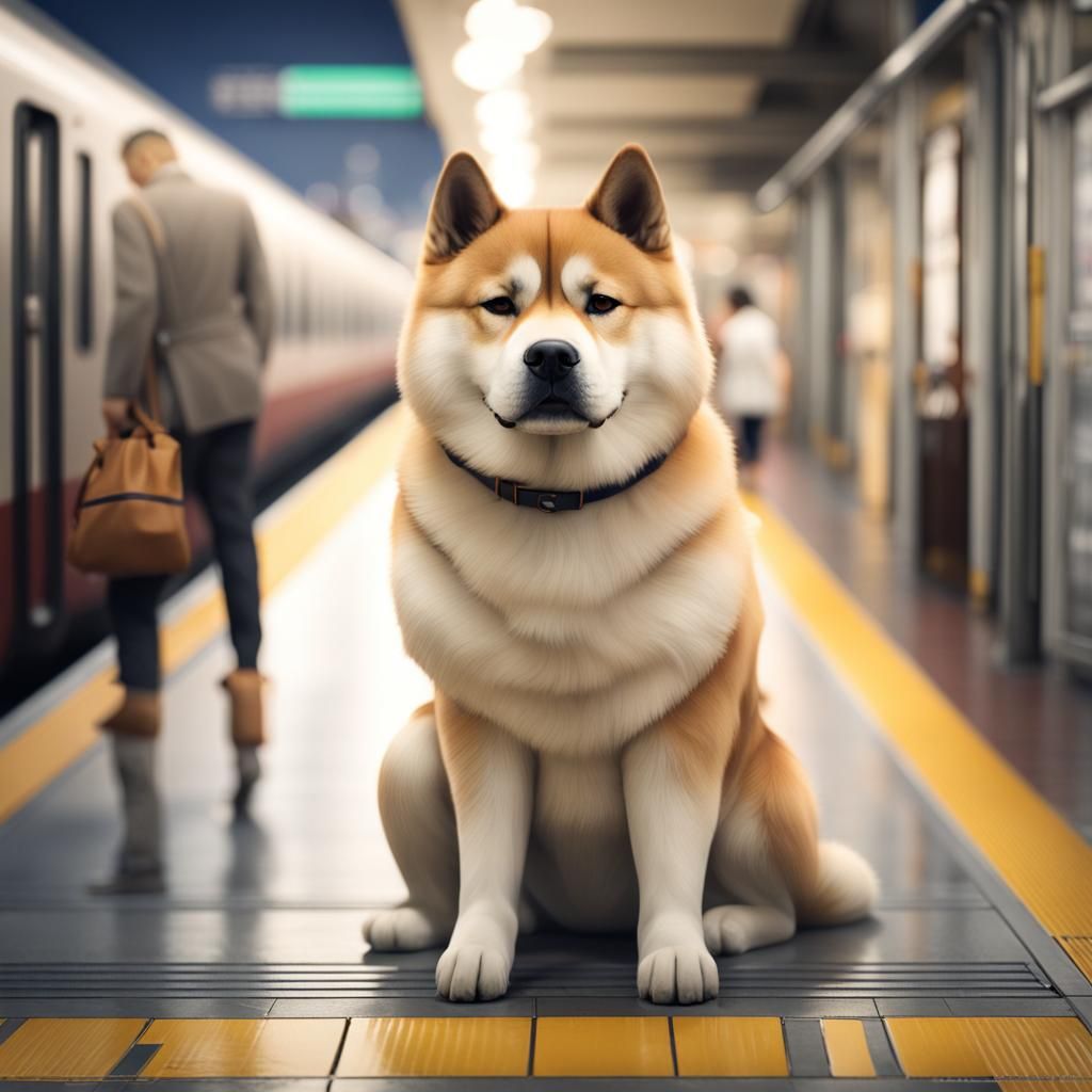 Akita Dog Waiting at Train Station, Ghibli Style