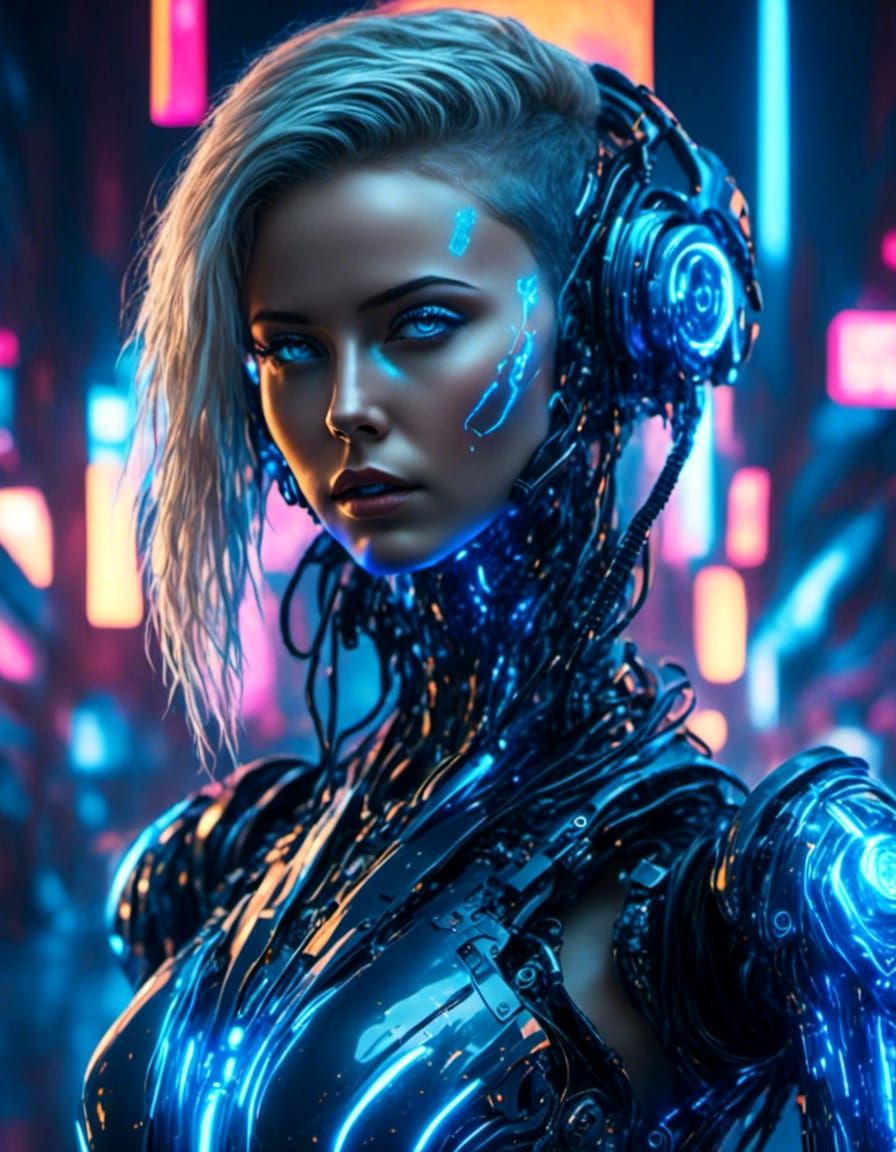 Beautiful Cyberpunk Cyborg Woman in Digital Art