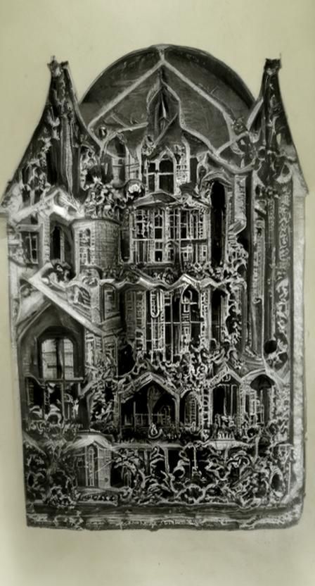 Finely detailed engraving of a beautiful gothic mansion