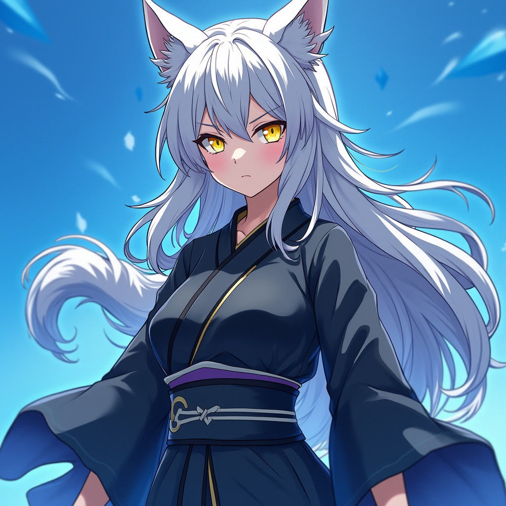 Anime Wolf Girl in Kimono with Piercing Eyes