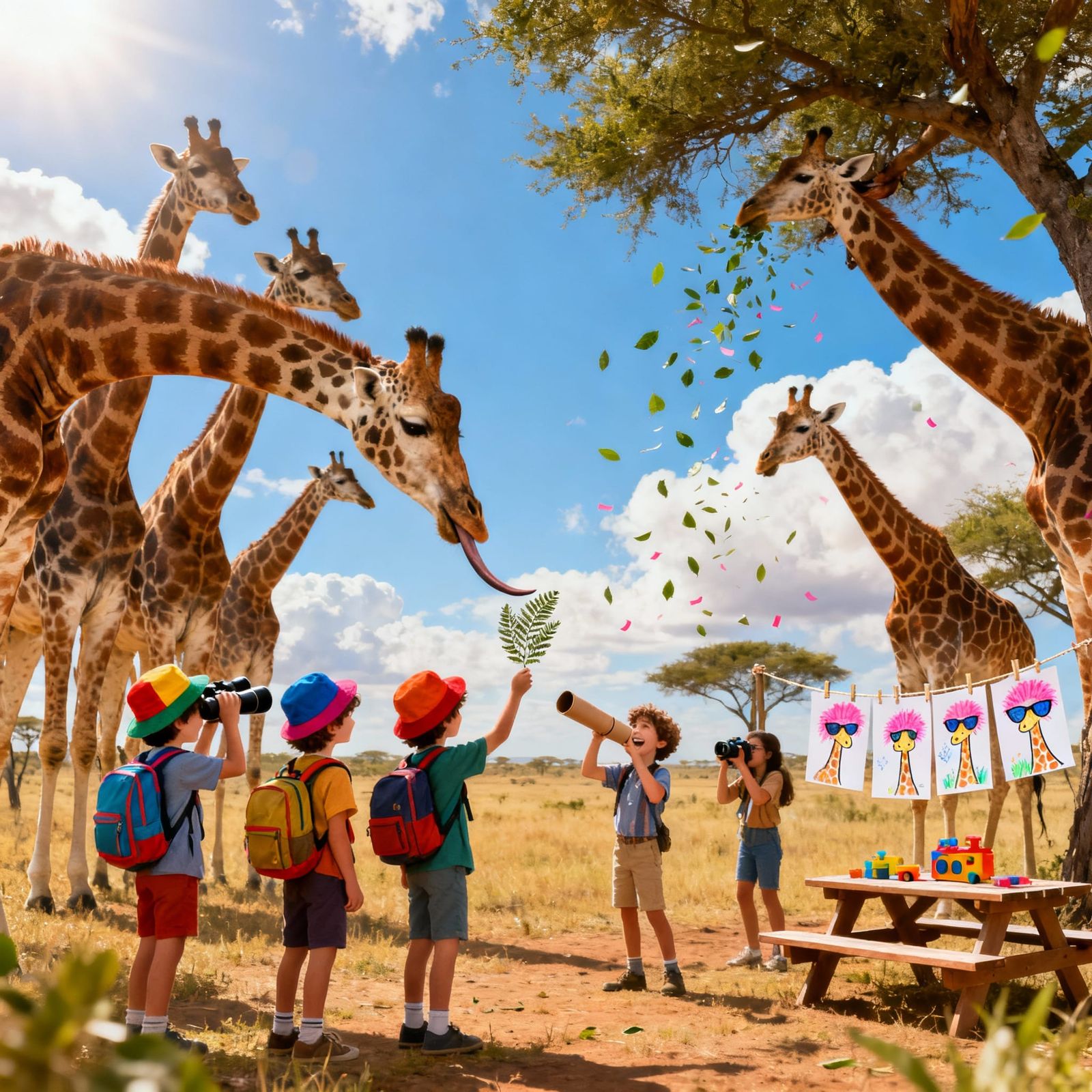 Avventura con bambini e giraffe
